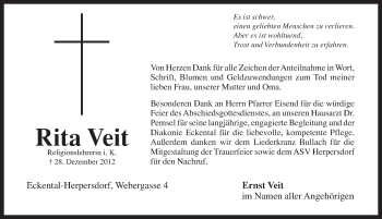 Traueranzeige von Rita Veit von Pegnitz-Zeitung